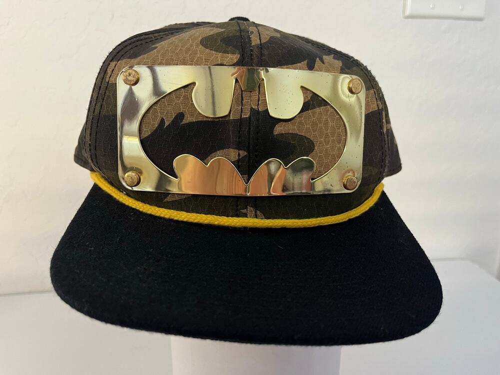 DC Comics Batman Camouflage Trucker Hat Gold Metal Bat Logo Adjustable Cap